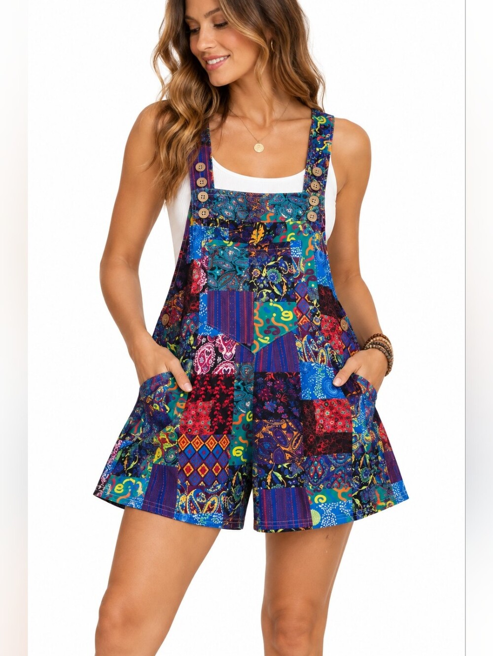 EKOUAER Patchwork Boho Overall Dress Multicolor Pinafore NWT Size M